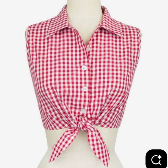 Trashy Diva DOLLY Gingham Red And White Button Tie Collar Top 10 Medium - Picture 1 of 9